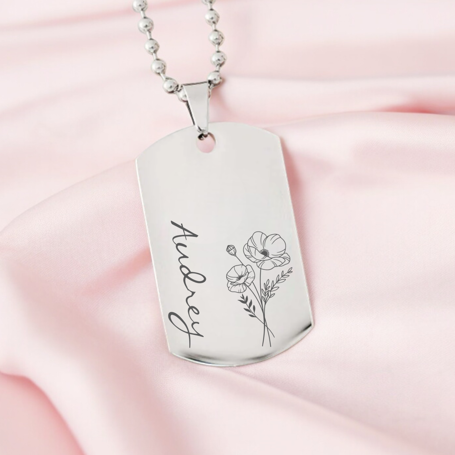 Birth Month Flower, Dog Tag Necklace
